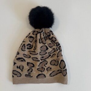 BCBG Tan and Black animal print Beanie with Pom Pom